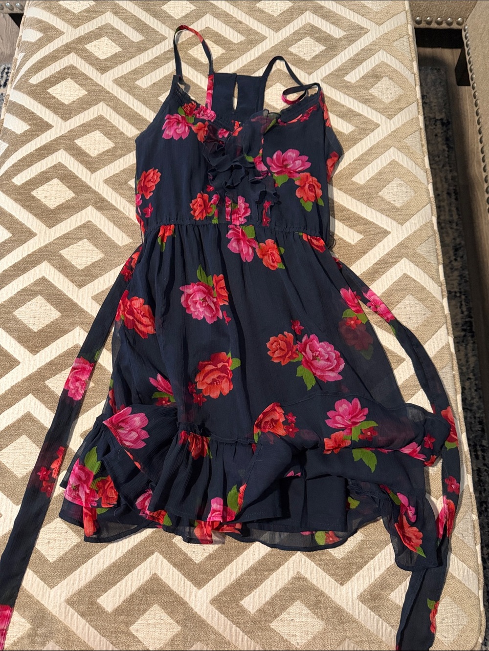 Hollister Navy Floral Ruffle Sundress with Pink & Red Roses